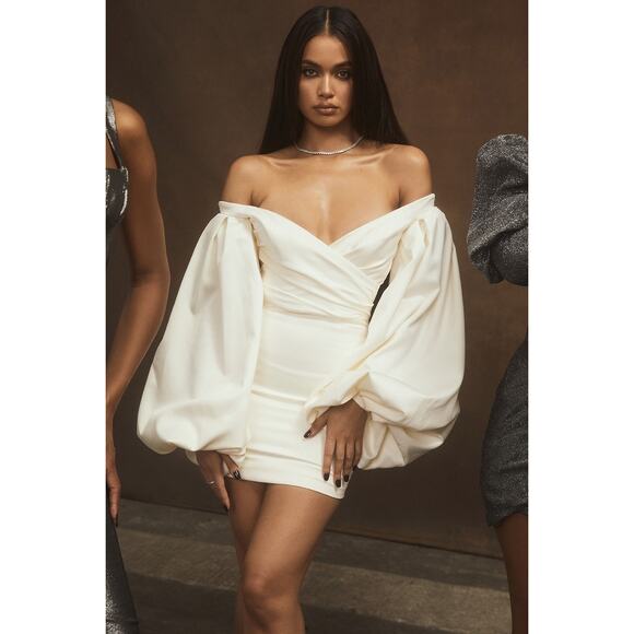 House of CB Carlyn Ivory Satin Balloon Sleeve Mini Dress Size XS Extra Small - Picture 1 of 10